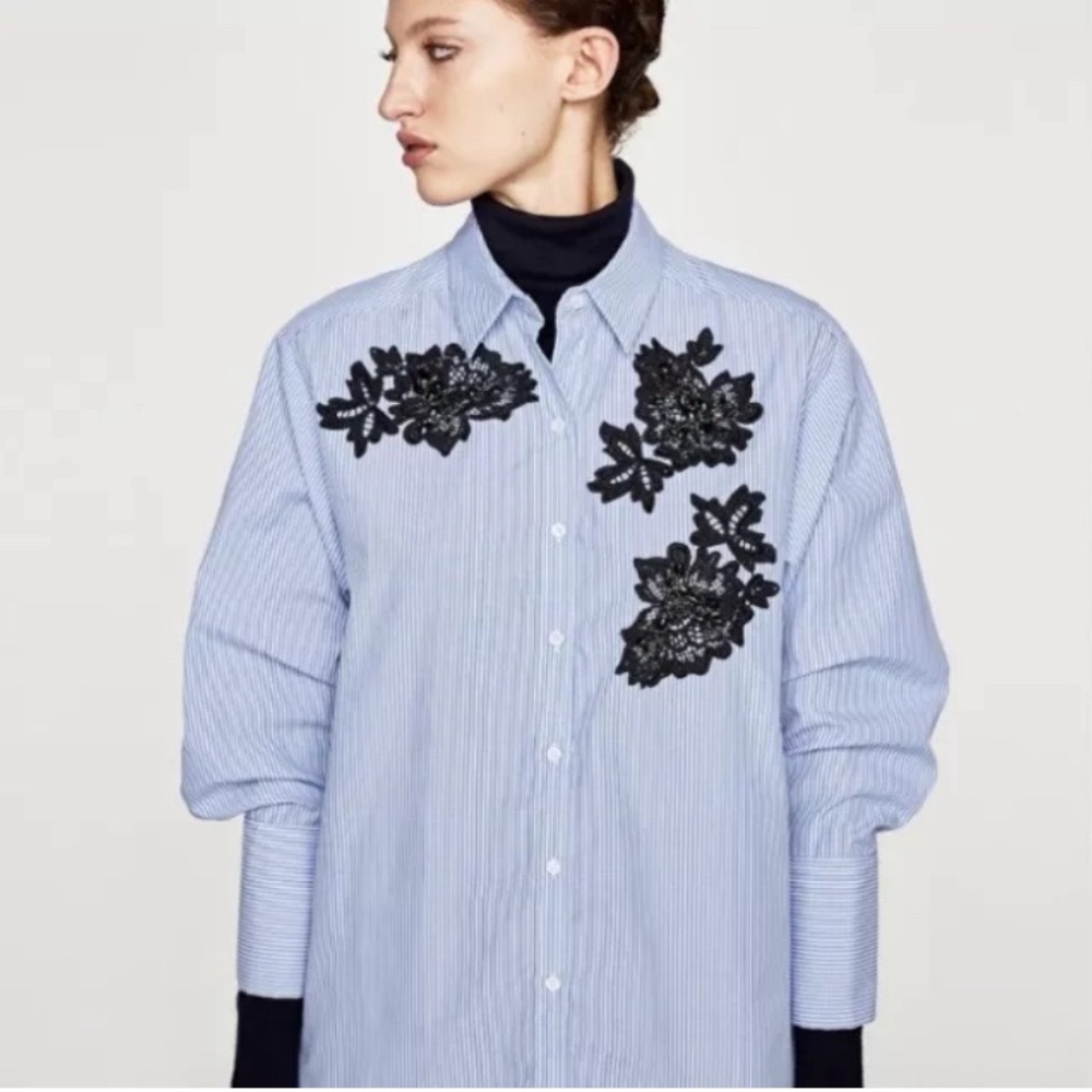 Zara Blue Pinstripe Oversized Appliquéd Shirt NWOT